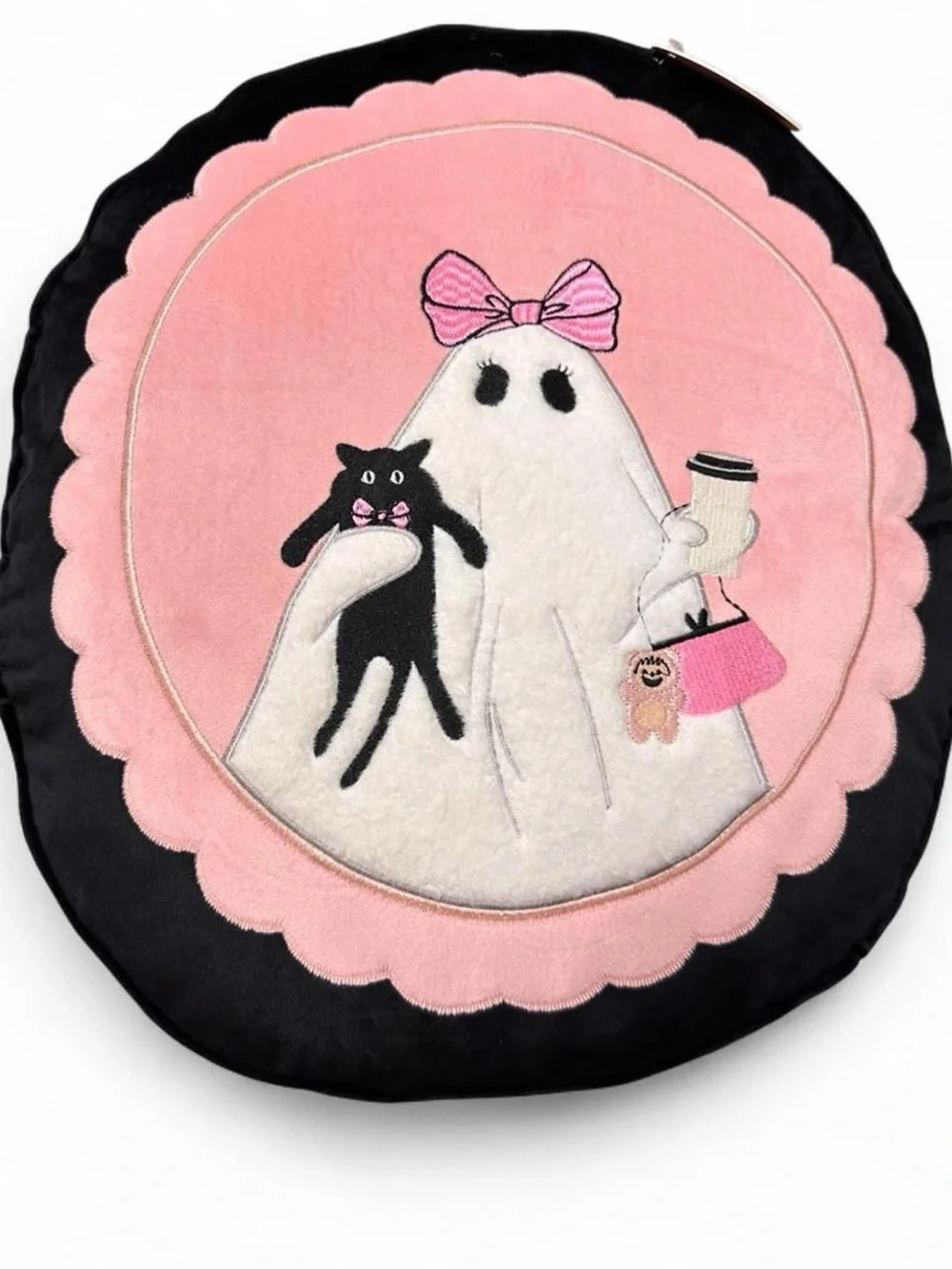 Glam Ghoul Halloween Decorative Throw Pillow, pink/black, ghost, bows, black cat
